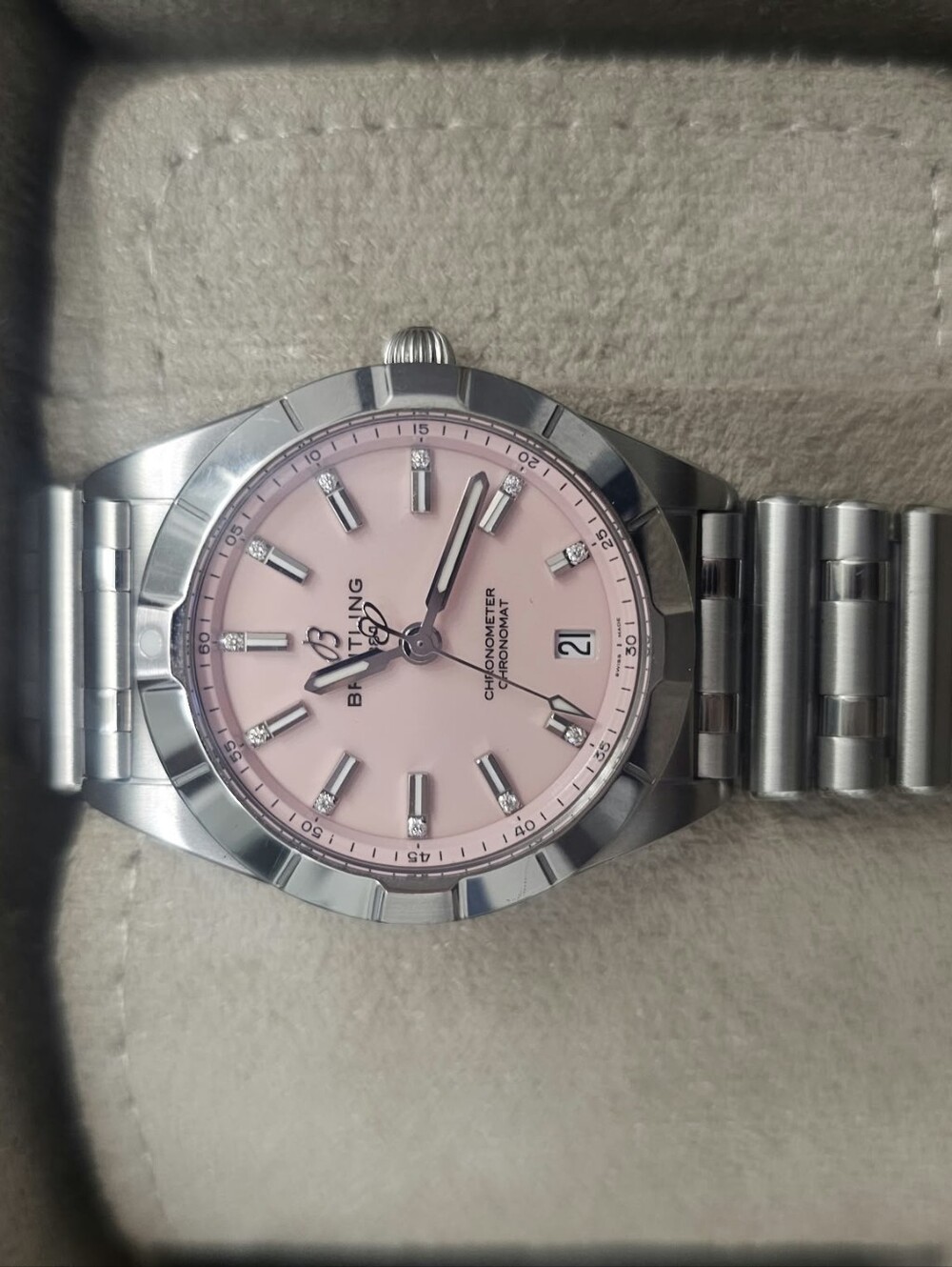 Breitling Women's Silver Bracelet Watch with Pink Mother-of-Pearl Dial